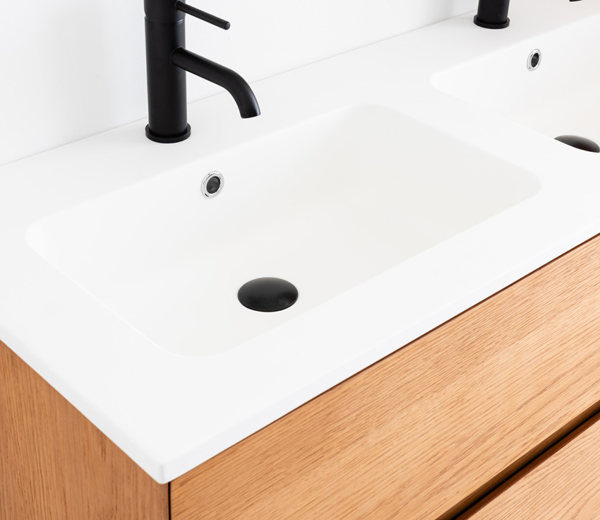 Meuble de salle de bain Fior en placage chêne suspendu avec double lavabo blanc mat 120cm