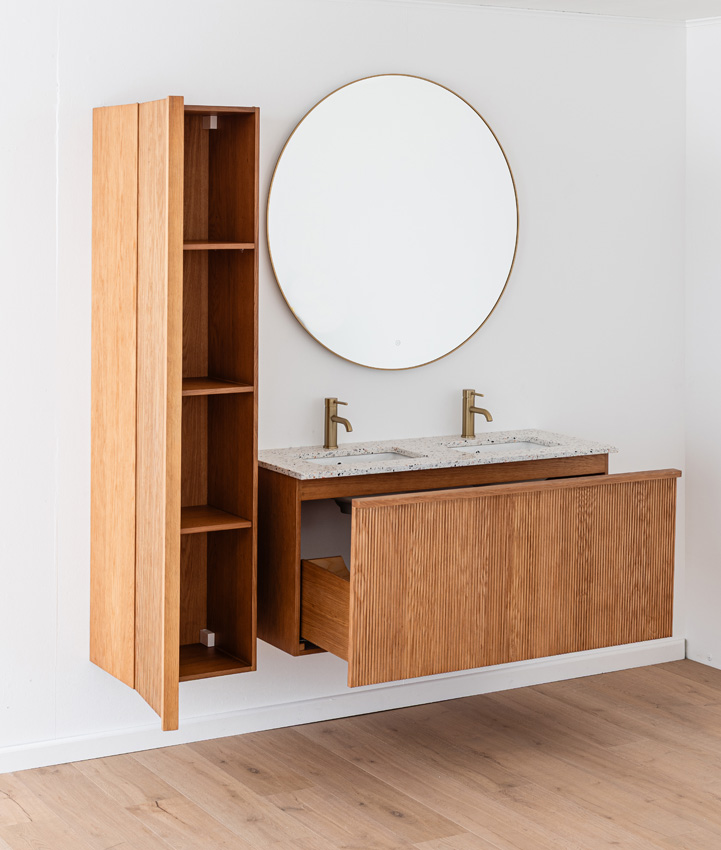 Meuble de salle de bains Fae chêne suspendu avec double lavabo terrazzo 120cm