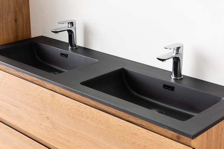 Meuble de salle de bains Daria chêne brun doré suspendu avec lavabo double noir mat 140cm