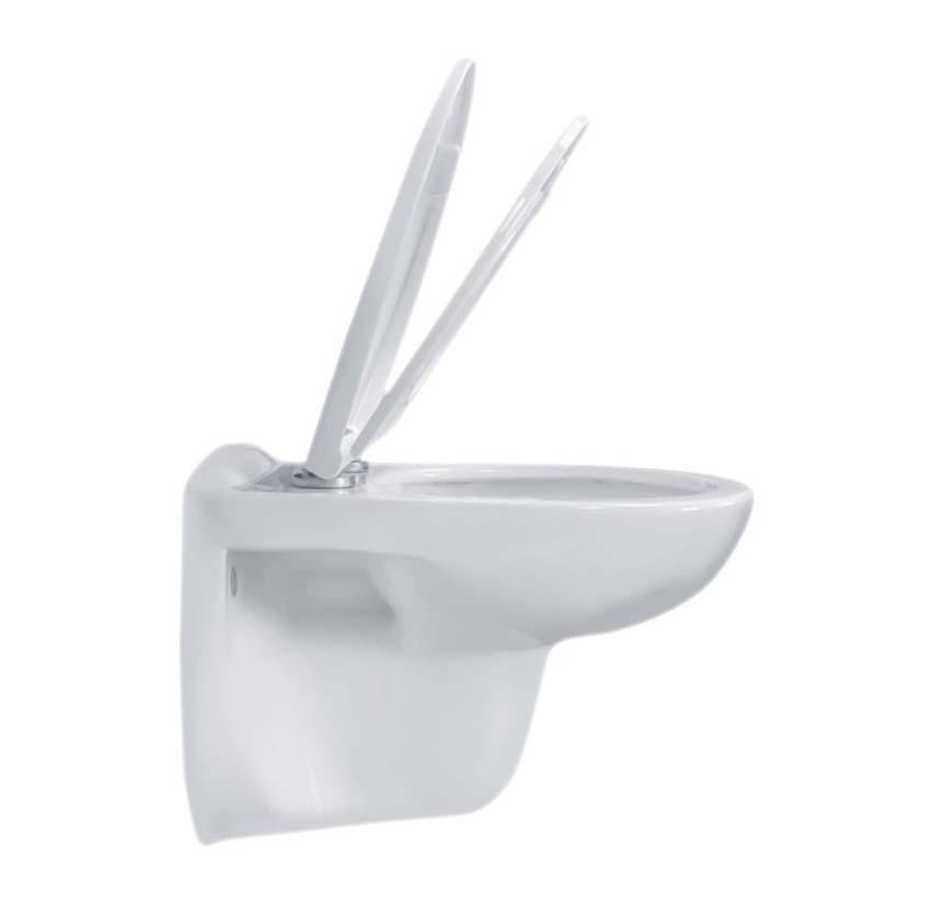 Toilette suspendue sans rebord blanc brillant avec siège WC