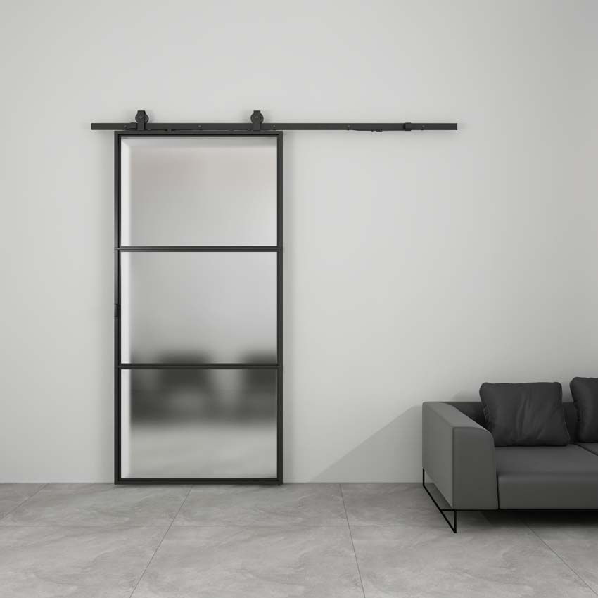 Complete enkele stalen schuifdeur Tyra mat glas 3R 93x213,4cm zwart + rail zwart