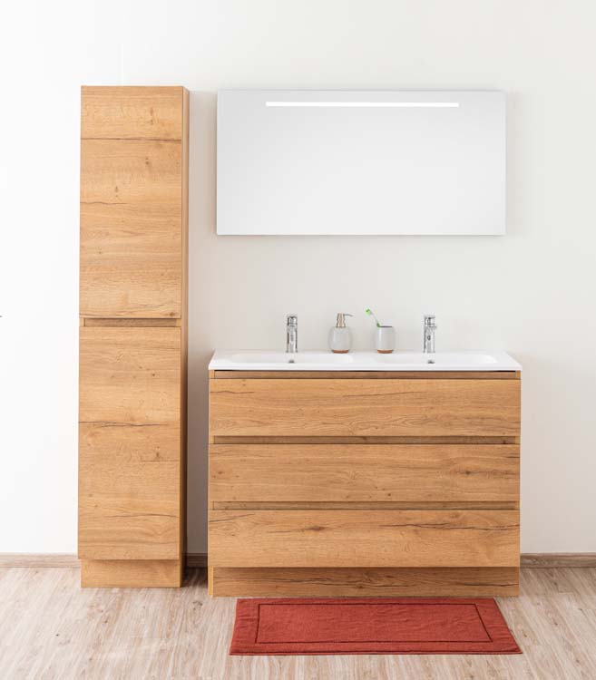 Badkamermeubel Daria eik goudbruin staand met dubbele wastafel mat wit 120cm