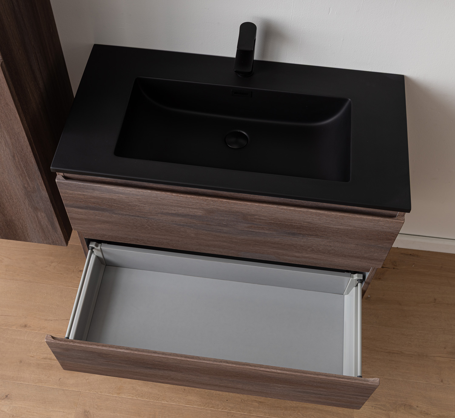 Meuble de salle de bains Tarik chêne ambré suspendu avec vasque simple noir mat 90cm