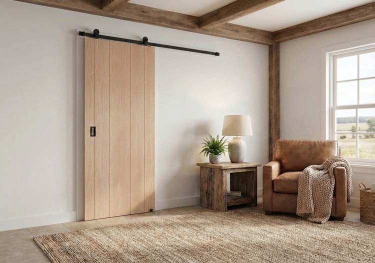 Porte coulissante complète chêne plaqué 93x211,5cm tubulaire + rail antique