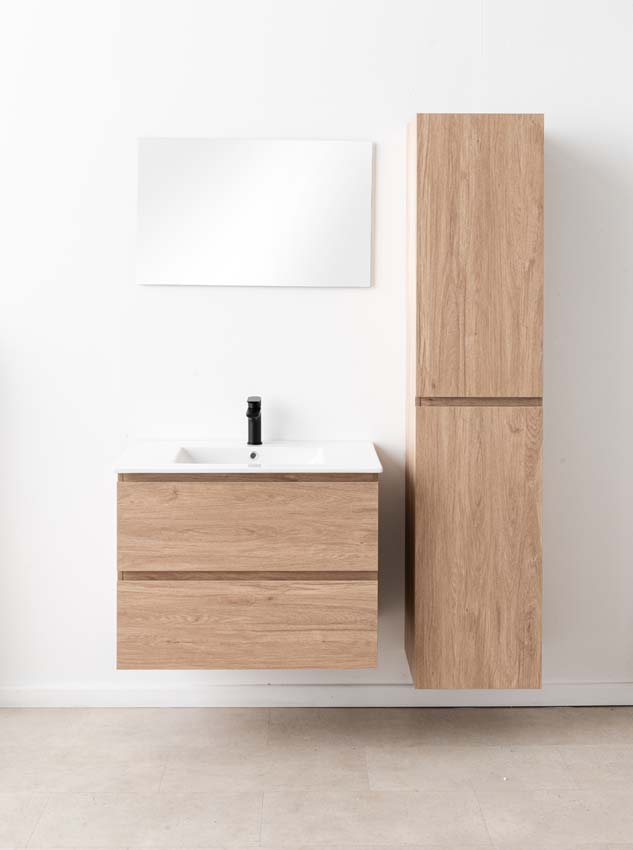 Meuble de salle de bains Bianca chêne suspendu avec lavabo simple blanc brillant 80cm