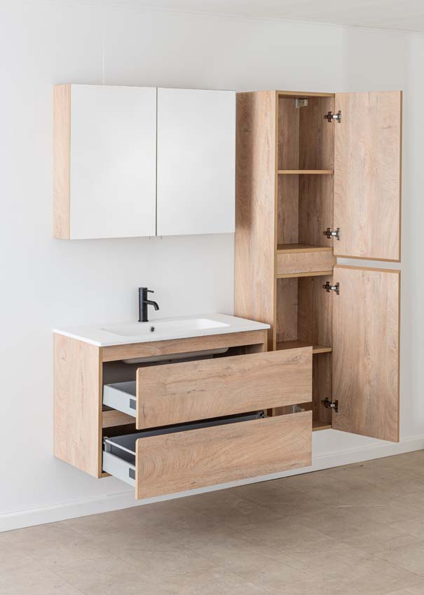 Meuble de salle de bain Tibo en chêne méditerranéen avec lavabo simple blanc mat 90cm