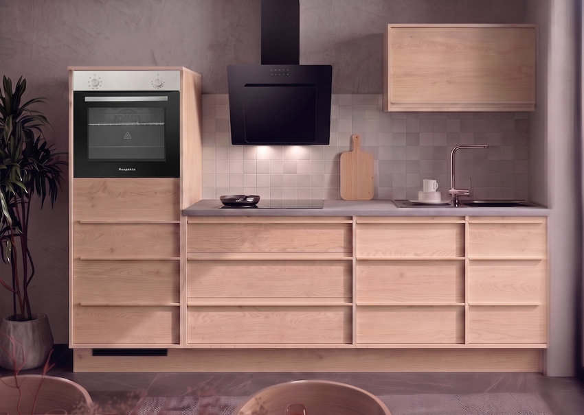 Cuisine Nara chêne 264cm - avec appareils - plaque de cuisson vitrocéramique et hotte murale noire