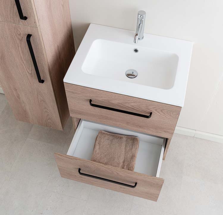 Badkamermeubel Bison eik hangend met enkele wastafel mat wit 60cm
