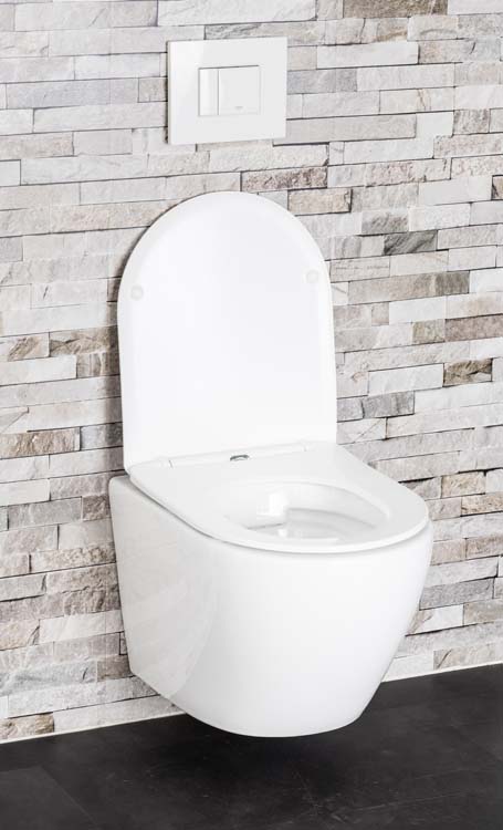 Toilette suspendue Gary sans rebord blanche raccourcie avec siège de WC ultra-fin
