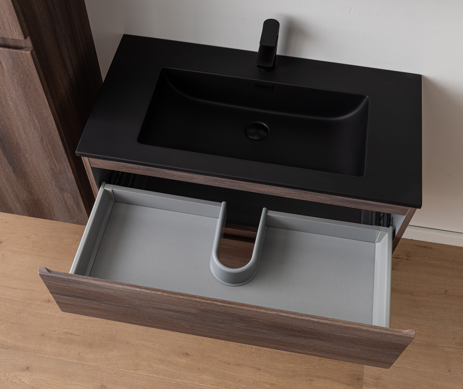 Meuble de salle de bains Tarik chêne ambré suspendu avec vasque simple noir mat 90cm