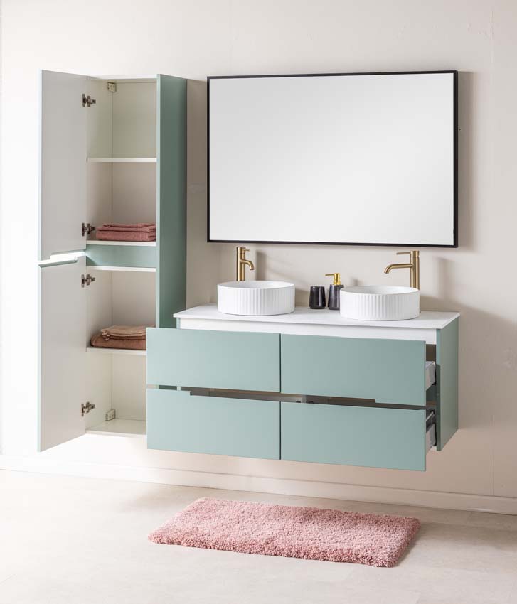 Meuble de salle de bains Truman vert gris suspendu avec double vasque à poser blanc mat 120cm