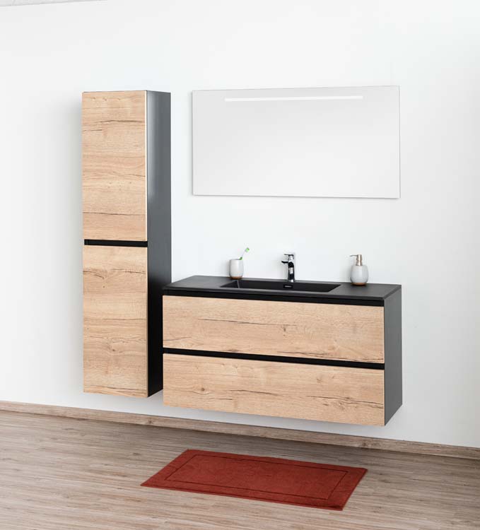 Meuble de salle de bains Dotan chêne suspendu avec lavabo simple noir mat 120cm