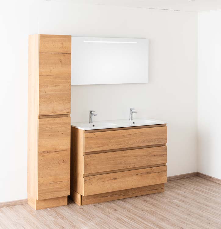 Badkamermeubel Daria eik goudbruin staand met dubbele porseleinen wastafel glanzend wit 120cm