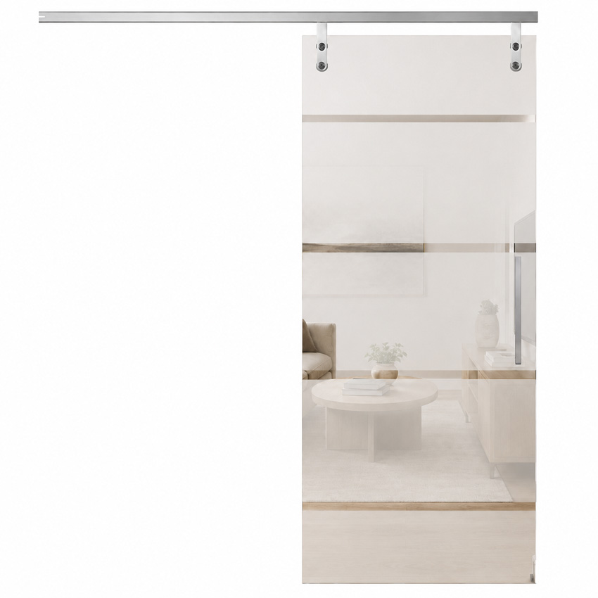 Porte coulissante vitrée complète Sky Dusk mat + 4 lignes transparentes 83x215cm poignée carrée inox + rail aluminium