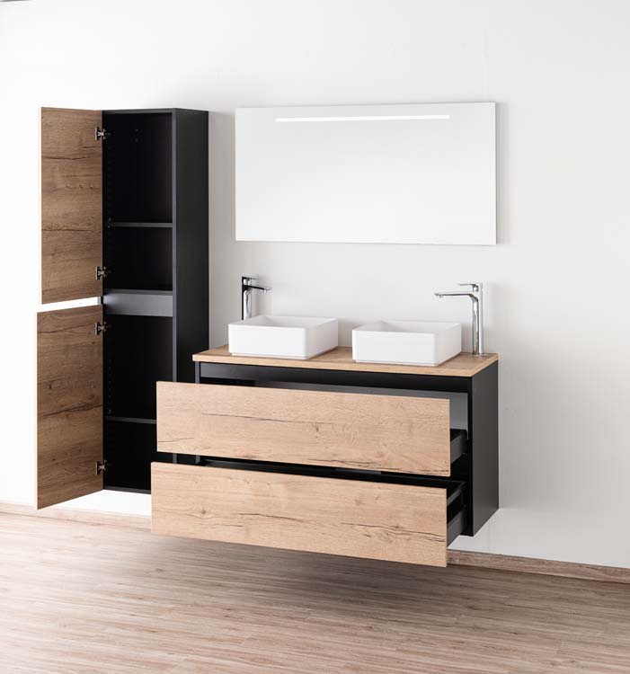 Meuble de salle de bain Dotan chêne/noir 1200 mm tablette en saillie melamine Meuble de salle de bain Dotan chêne/noir 1200 mm tablette en saillie melamine