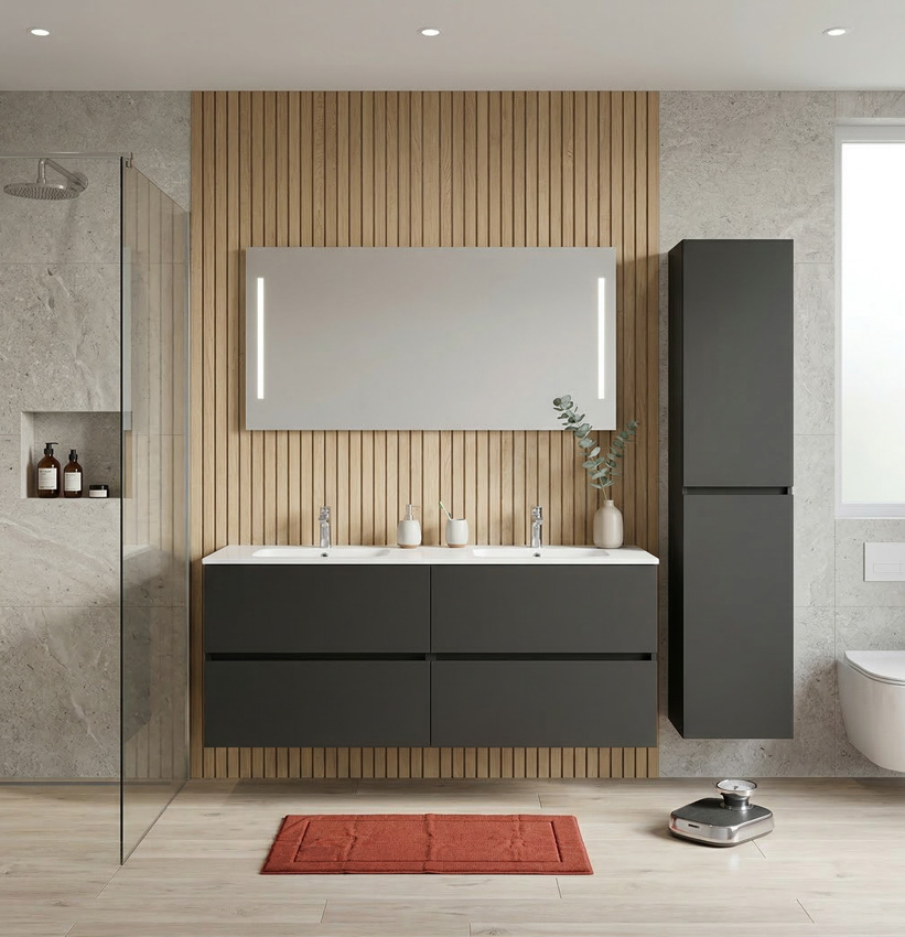 Badkamermeubel Puro mat zwart hangend met dubbele wastafel glanzend wit 160cm