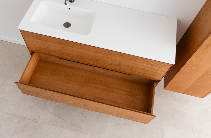 Badkamermeubel Fior eik hangend met enkele wastafel glanzend wit 120cm