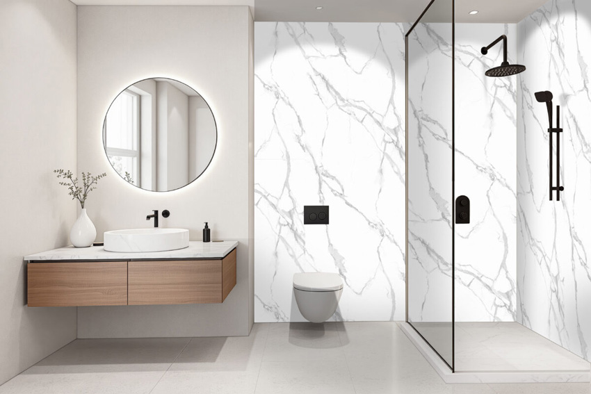 Panneau mural Calacatta SPC sans joints blanc 90x260x0,4cm