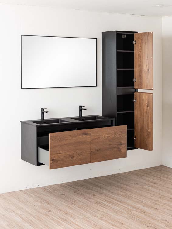 Meuble de salle de bains Justin noyer suspendu avec lavabo double noir mat 120cm