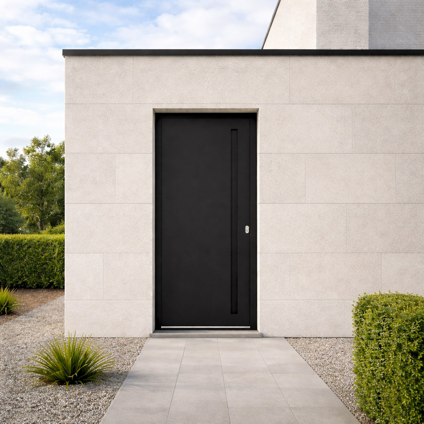 Porte extérieure Evora avec poignée intégrée aluminium noir poussant à gauche sur mesure