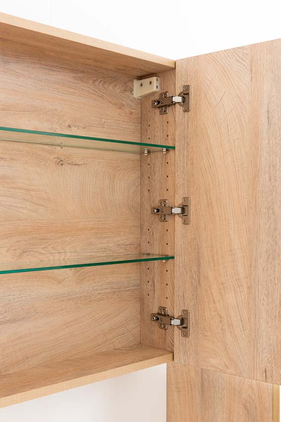 Meuble de salle de bain Tibo en chêne méditerranéen avec double lavabo aspect travertin 120cm