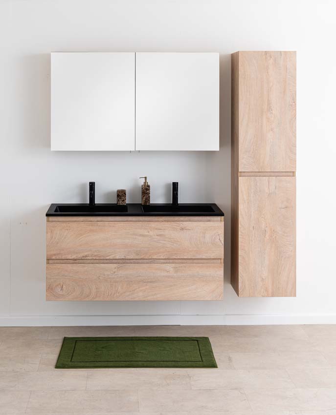 Badkamermeubel Tibo mediterraanse eik met dubbele wastafel mat zwart 120cm