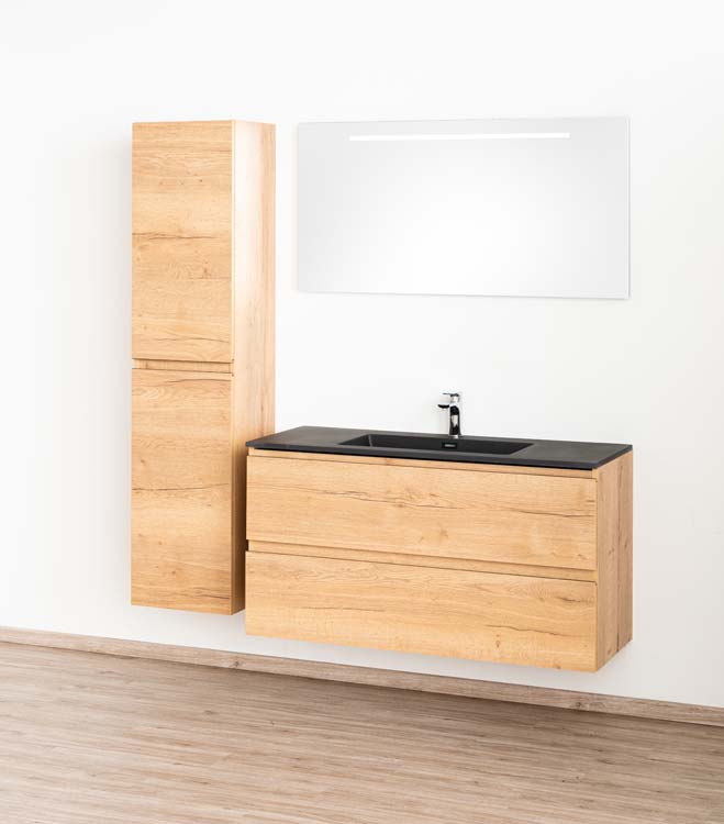 Badkamermeubel Daria eik goudbruin hangend met enkele wastafel mat zwart 120cm