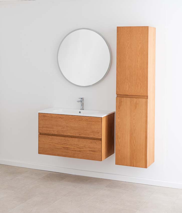 Meuble de salle de bain Fior chêne suspendu avec vasque simple blanc brillant 90cm