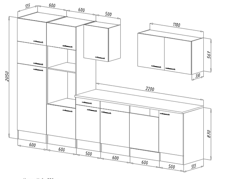 Keuken zwart/eik donker 340cm - vitrokeramische kookplaat en inox wanddampkap - met toestellen