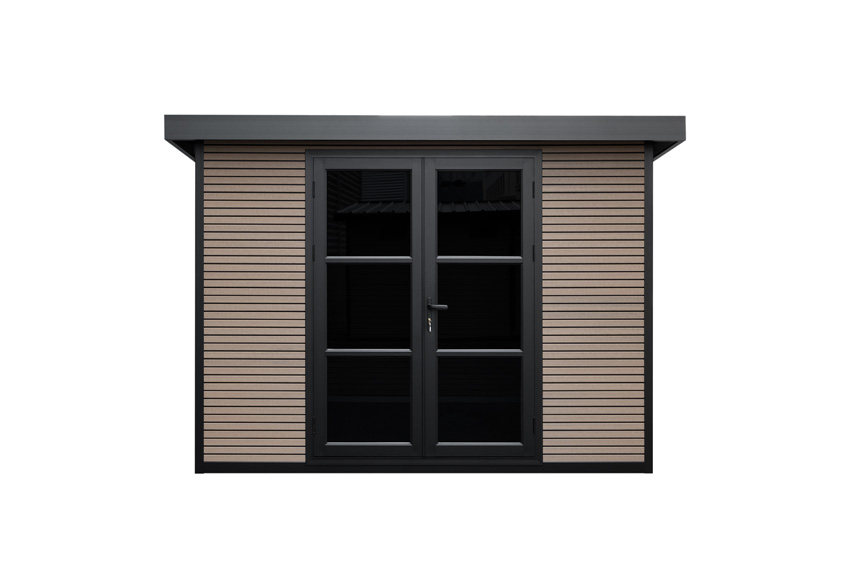 Abri de jardin Yasmine L en bois composite stone grey/sandstone 290x290cm double porte