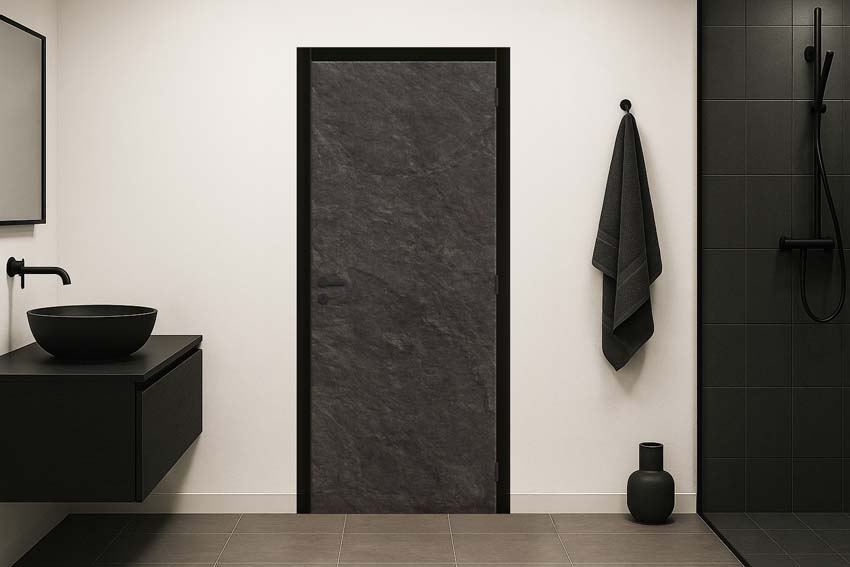 Porte intérieure complète Lofton gris foncé 201,5x63cm aggloméré tubulaire réversible + châssis noir 16,5cm