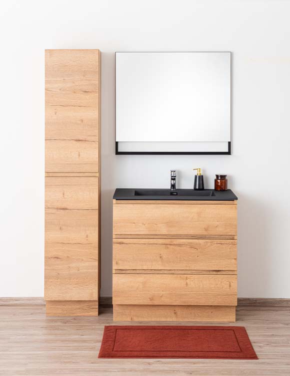 Badkamermeubel Daria eik goudbruin staand met enkele wastafel mat zwart 90cm