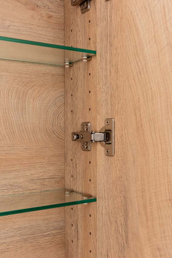 Meuble de salle de bain Tibo en chêne méditerranéen avec double lavabo aspect travertin 120cm