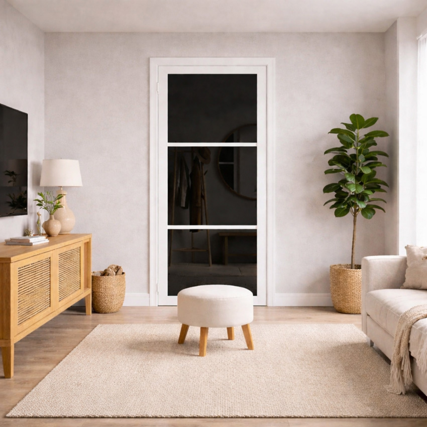 Complete steel look deur hout wit 3R L201,5xB83cm grijs gerookt glas omkeerbaar