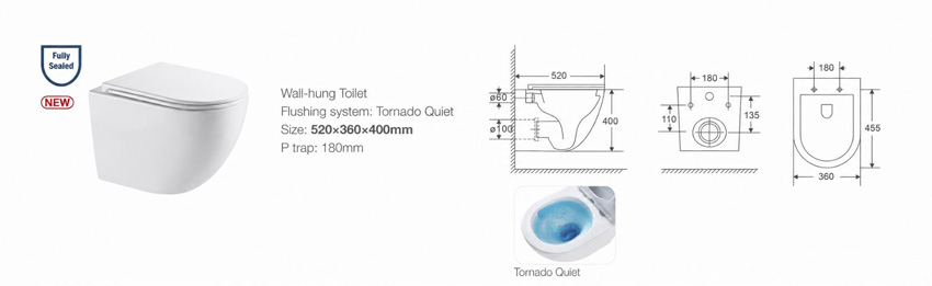 Toilette suspendue Linus sans rebord flush tornade blanc brillant avec abattant WC inclus