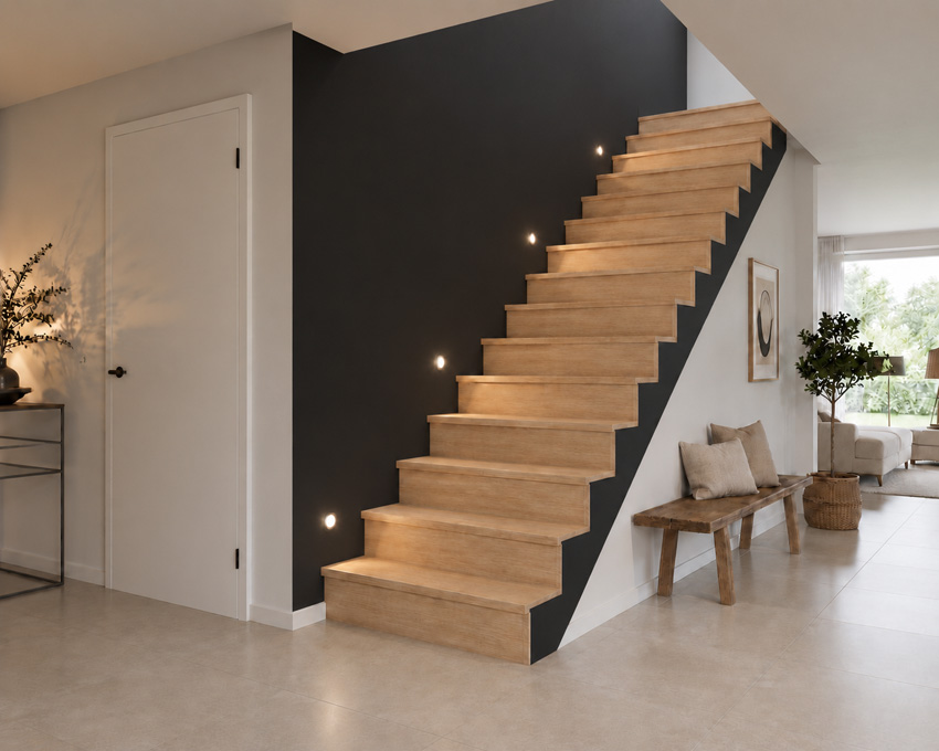 Gesloten trap Lubeck eik zwarte wang recht 305x90cm aantrede 20cm