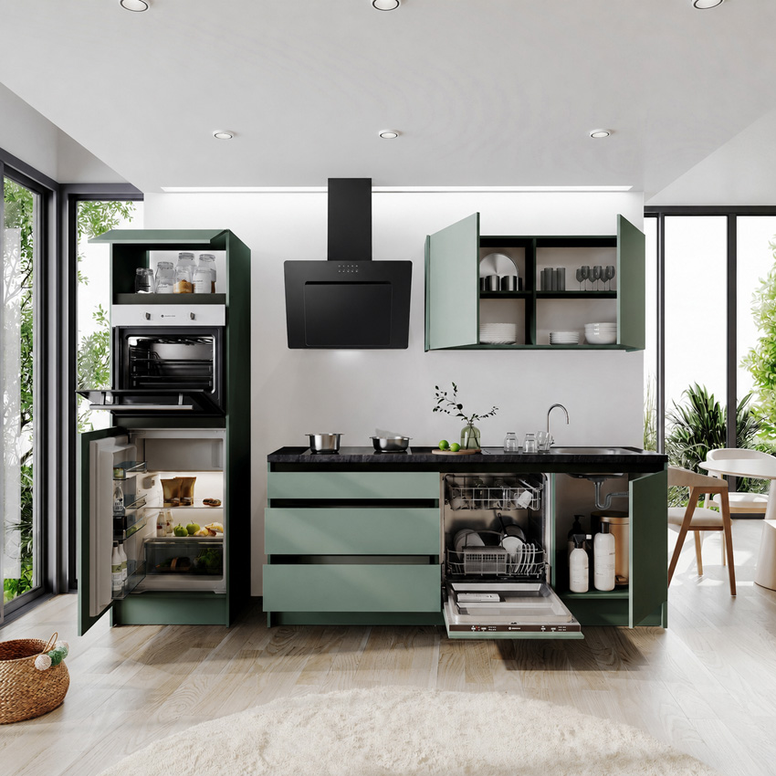 Cuisine Berlin verte 273cm - avec appareils - plaque de cuisson vitrocéramique et hotte murale noire