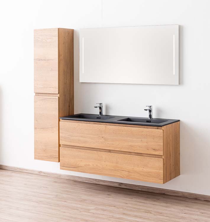 Meuble de salle de bains Daria chêne brun doré suspendu avec lavabo double noir mat 140cm