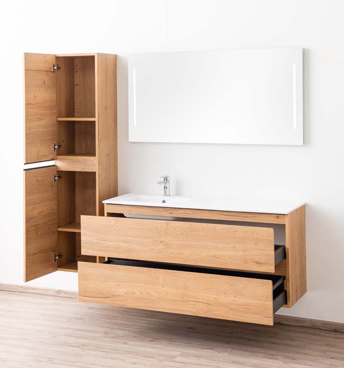 Meuble de salle de bains Daria chêne brun doré suspendu avec lavabo simple à gauche blanc mat 140cm